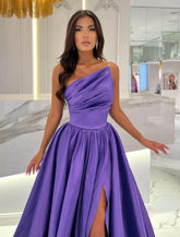 Floor-Length Stain A-Line One Shoulder Split Front Sleeveless Prom Evening Dresses with Ruffles